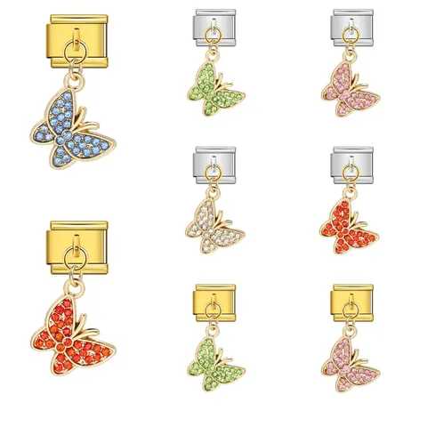 Italienisches Modulares Charm Link Edelstahl Schmetterling Anhänger Strass Eingelegt DIY Armband Zubehör Gold Silber