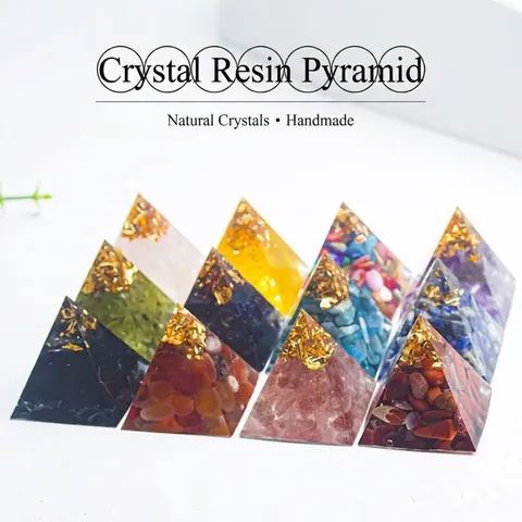 Natural Crystal Gravel Resin Pyramid Ornament With Gold Foil For Home Office Desktop Decoration Energy Stone Healing Decor
