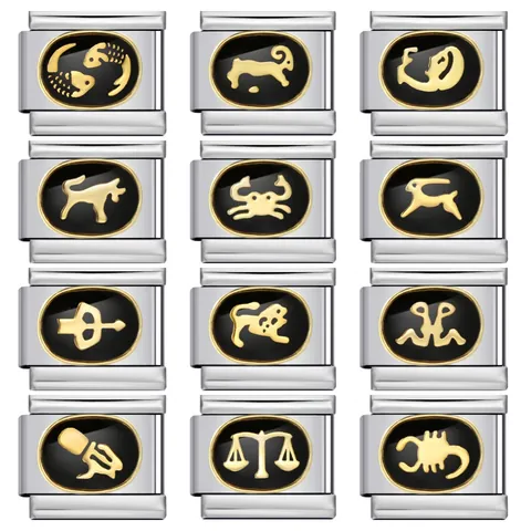 Stainless Steel Italian Charm Link Black Enamel Gold Plated Twelve Zodiac Signs DIY Bracelet Modular Jewelry Link Accessory