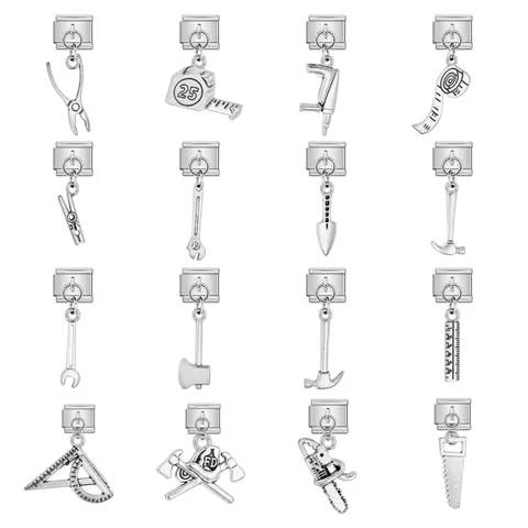 Eslabón de Pulsera de Abalorios Italiano de Acero Inoxidable Con Dije de Herramienta Martillo Taladro Llave Regla DIY Joyería