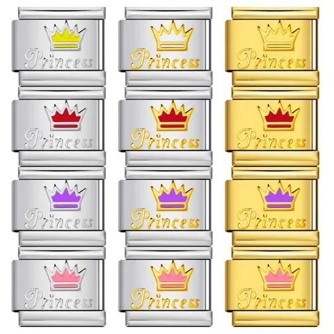 Italian Modular Charm Link Stainless Steel Crown Princess DIY Bracelet Accessory Enamel Drip Jewelry Component For Women