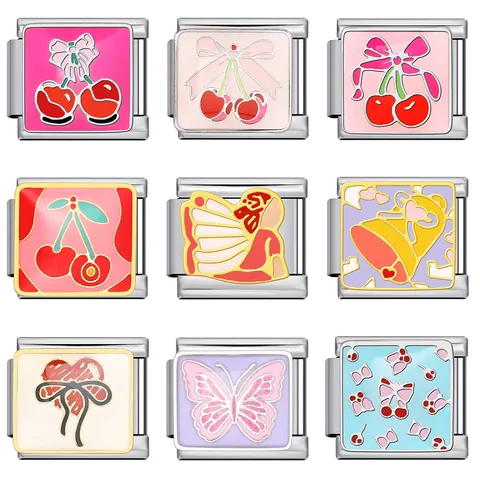 Stainless Steel Italian Modular Charm Links Enamel Drip Bow Cherry Butterfly DIY Bracelet Jewelry For Women Gift