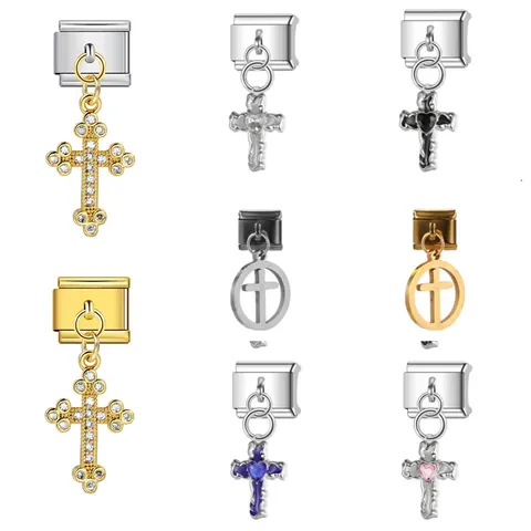 Eslabón de Pulsera Italiana Colgante de Cruz de Acero Inoxidable Corazón de Strass DIY Accesorio de Pulsera Modular