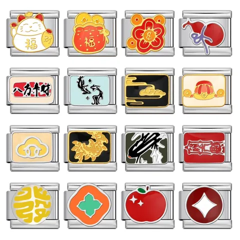 Stainless Steel Chinese Lucky Pattern Italian Charm Links Enamel DIY Modular Bracelet Accessories For Jewelry Making