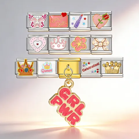 Stainless Steel Italian Charm Link DIY Modular Bracelet Charms Queen Crown Heart Butterfly Enamel Pattern Links For Jewelry Making Gifts
