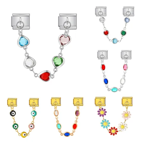 Abalorios de Pulsera de Eslabones Italianos de Acero Inoxidable con Doble Colgante Ojo Turco Corazón Margarita Strass Joyería DIY Mujer