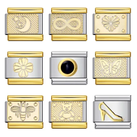Eslabón de Abalorio Italiano de Acero Inoxidable para Pulsera DIY Bicolor Oro Plata Metal Mariposa Corazón Estrella Luna Abalorios Joyería