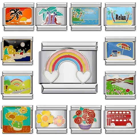 Italian Charm Bracelet Links Stainless Steel Enamel Modular Charms For DIY Jewelry Making Coconut Tree Rainbow London Bus