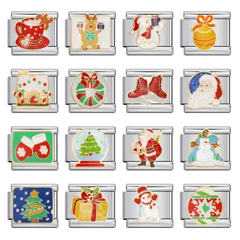 Serie de Navidad de Acero Inoxidable Enlaces de Italian Charm para Pulsera Elástica Modular DIY Accesorios de Joyería de Esmalte para Regalo de Mujer