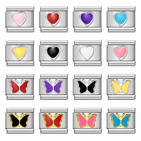 Maglie Italian Charm in Acciaio Inossidabile per Bracciale DIY Motivo Farfalla Cuore Smaltato Stampato Gioielli Modulari