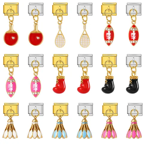 Lien de Charme Italien en Acier Inoxydable Pendentif de Sport Badminton Rugby Tennis Strass Lien Modulaire pour Bijoux de Bracelet DIY