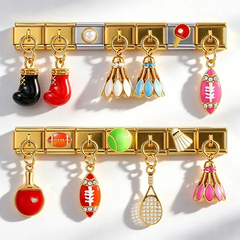 Lien de Charme Italien en Acier Inoxydable Pendentif de Sport Badminton Rugby Tennis Strass Lien Modulaire pour Bijoux de Bracelet DIY