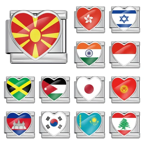 Eslabón de Amuleto Italiano de Corazón de Bandera Nacional de Acero Inoxidable Para DIY Pulsera Modular Accesorio Oro Plata Amuleto Joyería