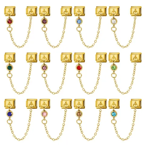 Italian Modular Bracelet Links Gold Plated Stainless Steel Safety Chain 12 Birthstone Pendant For DIY Jewelry Making Women