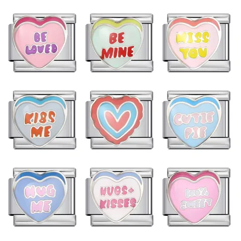 Eslabón de Amuleto Italiano de Acero Inoxidable Patrón de Corazón Esmalte Accesorio de Pulsera DIY Letras Románticas para Mujer