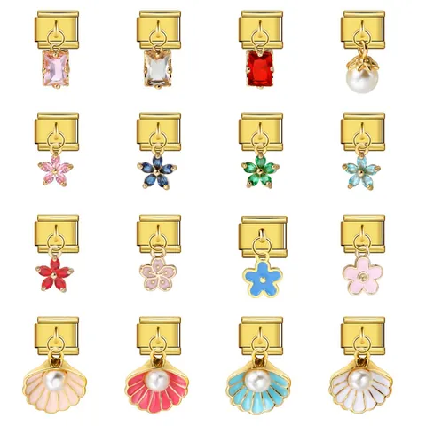 Pulsera de Charms Modulares Italianos DIY Acero Inoxidable Chapado en Oro Diamante de Imitación Perla Artificial Colgante Eslabón Joyería Mujer