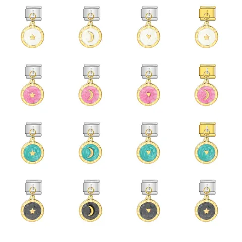Pendentif Rond Module Italian Charm en Acier Inoxydable Cœur Étoile Lune Émail DIY Maillons de Bracelet Modulaire Bijoux Femme