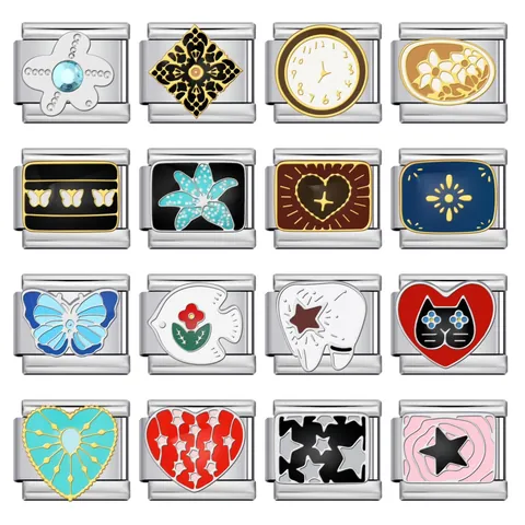Eslabones de Amuletos Italianos de Acero Inoxidable Vintage Esmalte Corazón Estrella Floral Mariposa Eslabones de Pulsera Modular Para Bricolaje Joyería