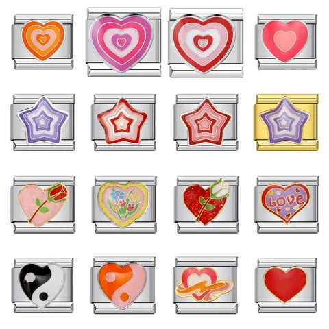 Roestvrij Stalen Vergulde Italiaanse Charm Links Hart Ster Patroon Emaille Modulaire Armband DIY Sieraden Accessoires Voor Vrouwen