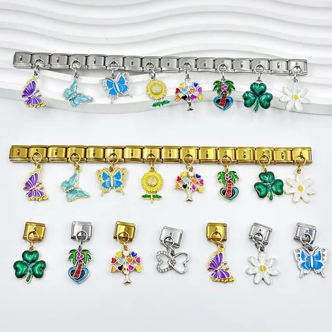Ciondolo per Bracciale Modulare Italiano Fai da Te Lega Smalto Farfalla Girasole Margherita Palma Collegamento Gioielli in Acciaio Inossidabile