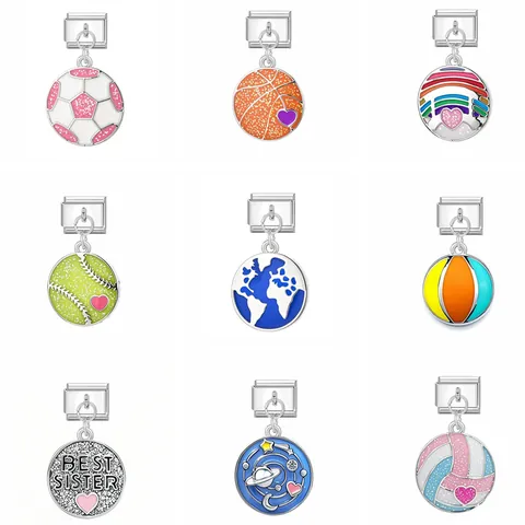 Link Charm Italiano in Lega Bracciale Modulare DIY Sport Calcio Basket Pallavolo Pianeti Terra Smalto Ciondoli