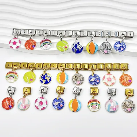 Link Charm Italiano in Lega Bracciale Modulare DIY Sport Calcio Basket Pallavolo Pianeti Terra Smalto Ciondoli