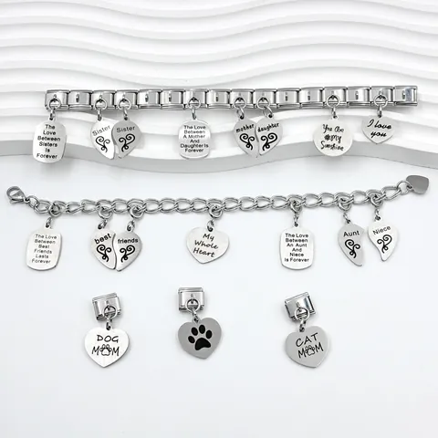 Italian Module Charm Stainless Steel Splicing Heart Round DIY Engraved Bracelet Charms Personalized Friend Family Gift Jewelry Accessory