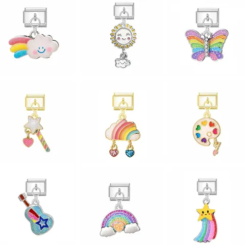 Italian Charm Bracelet DIY Accessories Enamel Rainbow Cloud Star Guitar Dopamine Style Stainless Steel Alloy Link Charms Jewelry Parts Women