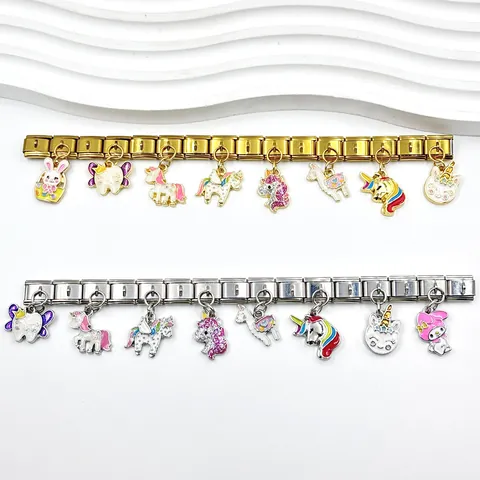 Lindo Dije de Eslabón Modular Italiano Aleación Esmalte Unicornio Animal Colgante DIY Pulsera Costura Reloj Banda Eslabón Joyería