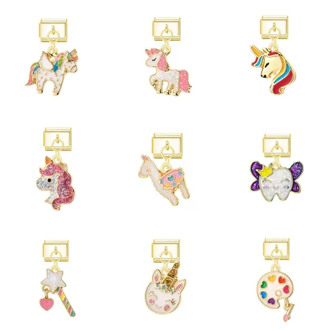 Lindo Dije de Eslabón Modular Italiano Aleación Esmalte Unicornio Animal Colgante DIY Pulsera Costura Reloj Banda Eslabón Joyería