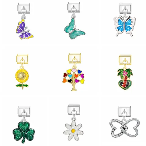 Ciondolo per Bracciale Modulare Italiano Fai da Te Lega Smalto Farfalla Girasole Margherita Palma Collegamento Gioielli in Acciaio Inossidabile