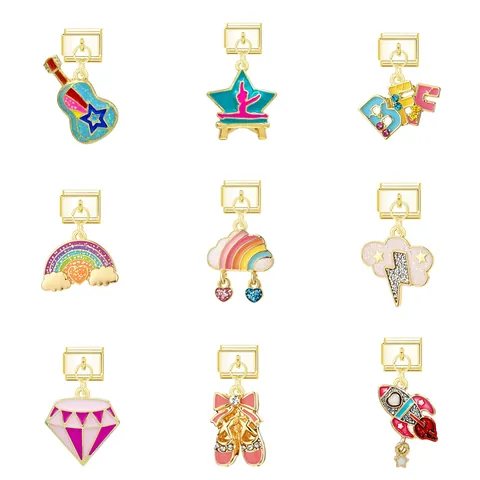 Braccialetto Charm Italiano a Maglie Modulari DIY Chitarra Cuore Stella Nuvole Smalto Strass Braccialetto Elastico Gioielli per Donna Ragazze