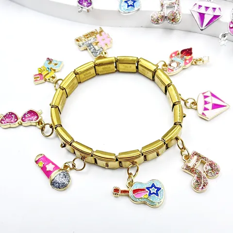 Braccialetto Charm Italiano a Maglie Modulari DIY Chitarra Cuore Stella Nuvole Smalto Strass Braccialetto Elastico Gioielli per Donna Ragazze
