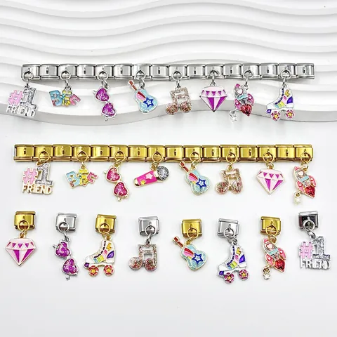 Ciondoli per Bracciale Modulare Italiano Acciaio Inossidabile DIY Smalto Cuore BFF Lettera Numero Musica Razzo Pattino Charms per Gioielli