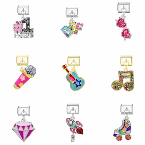 Ciondoli per Bracciale Modulare Italiano Acciaio Inossidabile DIY Smalto Cuore BFF Lettera Numero Musica Razzo Pattino Charms per Gioielli