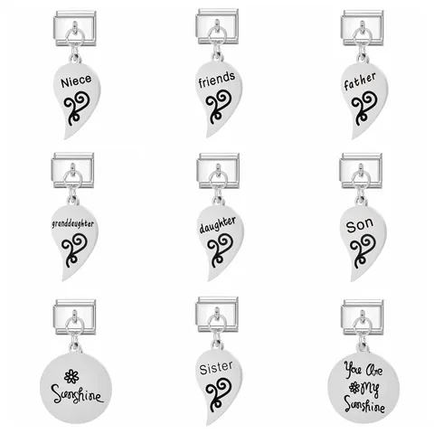 Italian Module Charm Stainless Steel Splicing Heart Round DIY Engraved Bracelet Charms Personalized Friend Family Gift Jewelry Accessory