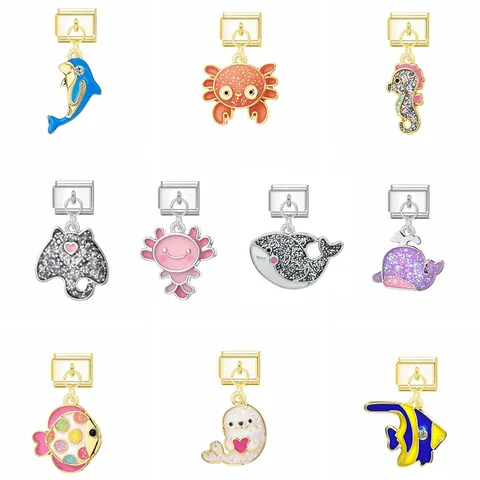 Dreamy Marine Animal Italian Charm DIY Modular Bracelet Pendant Alloy Stainless Steel Enamel Glitter Sea Creatures Jewelry Accessories