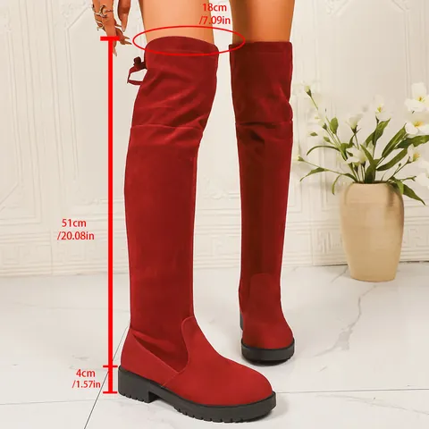 Stivali sopra il Ginocchio da Donna Scamosciato PU Suola in Gomma Tacco Basso Piatti Invernali Caldi Stivali Lunghi Retro Elastici Stivali da Cavaliere per Donna