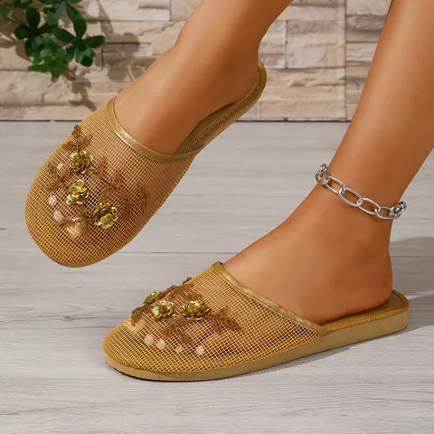 Women's Middle Eastern Style Embroidered Mesh Muller Slippers Breathable Pointed Toe Flat Backless Floral Sequin Home Shoes