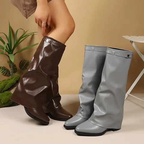 Women Fashion Slouchy Pant-Leg Boots Chunky High Heels Pointed Toe High Tube Boots Faux Leather Chic Autumn Winter Party Shoes