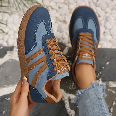 Women Retro GAT Style Sneakers Patchwork Blue PU Leather Low Top Lace Up Fashion Walking Shoes Non Slip Rubber Gum Sole
