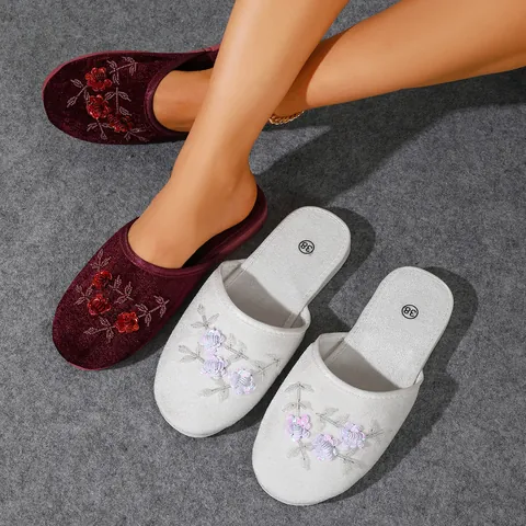 Pantofole da Casa in Camoscio da Donna Eleganti Fiori 3D Ricamati con Paillettes Scarpe da Interno Piatte Ciabatte Casual