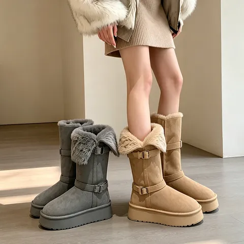 Women's Hidden Heel Snow Boots Winter Warm Plush Thickened Long Boots With Buckle Two-Way Wear Platform Cotton Boots