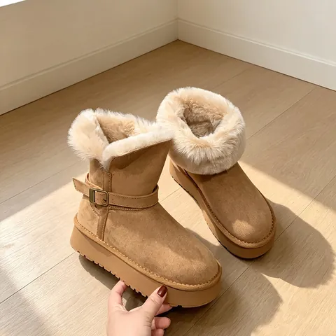 Women's Hidden Heel Snow Boots Winter Warm Plush Thickened Long Boots With Buckle Two-Way Wear Platform Cotton Boots
