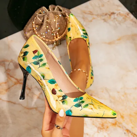 Women Yellow Patent Leather Floral Print Pointed Toe High Heels Elegant Stiletto Pumps Mori Girl Style Summer Banquet Dress Shoes