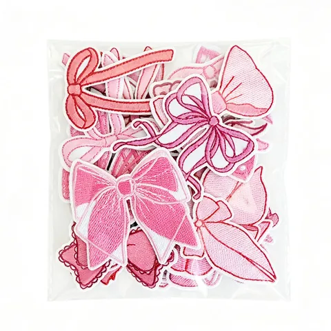 Pink Bow Embroidered Patches For Clothing DIY Hair Clips Socks Decoration Applique Polyester Sewing Fabric Patches Accessories