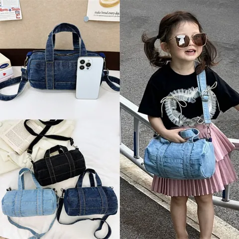 Children's Retro PU Leather Cylinder Crossbody Bag For Boys Girls Mini Fashion Handbag Stitched Solid Color Shoulder Bag