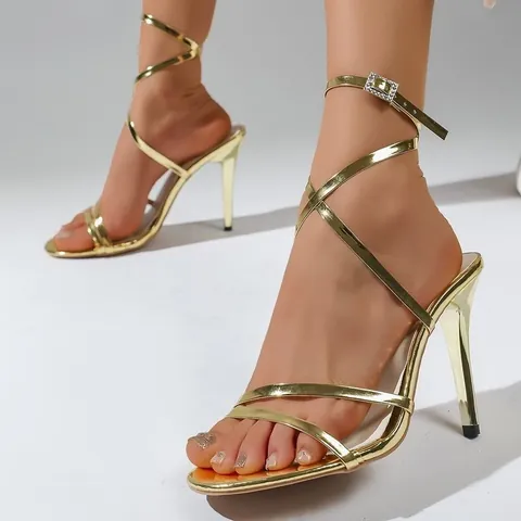 Metallic Gold High Heel Sandals For Women Sexy Stiletto Rhinestone Buckle Open Toe Sandals Wedding Party Dress Shoes