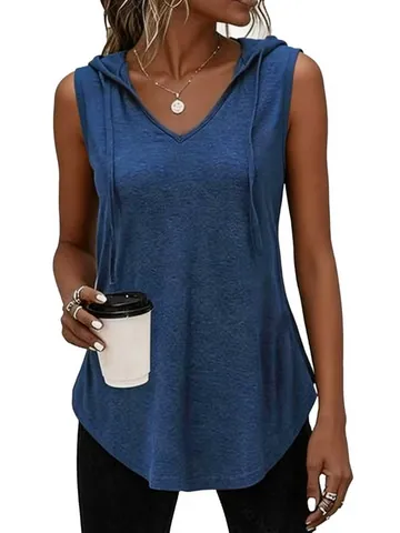 Damen Casual Ärmelloses Kapuzen T-Shirt V-Ausschnitt Pullover Top Einfarbig Gebogener Saum Polyester Sommer Mode Weste