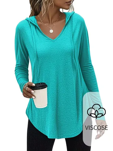 Dames Casual Viscose T-Shirt met Capuchon en Lange Mouwen Effen Kleur V-hals Top met Ronde Zoom voor Herfst en Winter